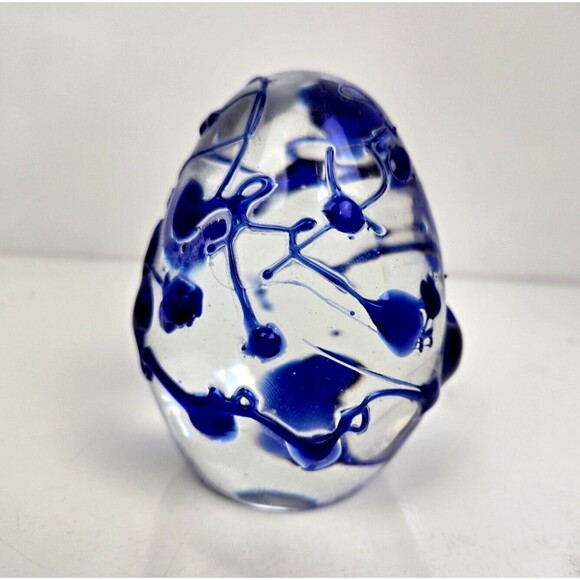 Vintage Art Glass Paperweight Egg Shaped Clear Blue 3D Free Form Spiral Drizzle - Picture 1 of 9